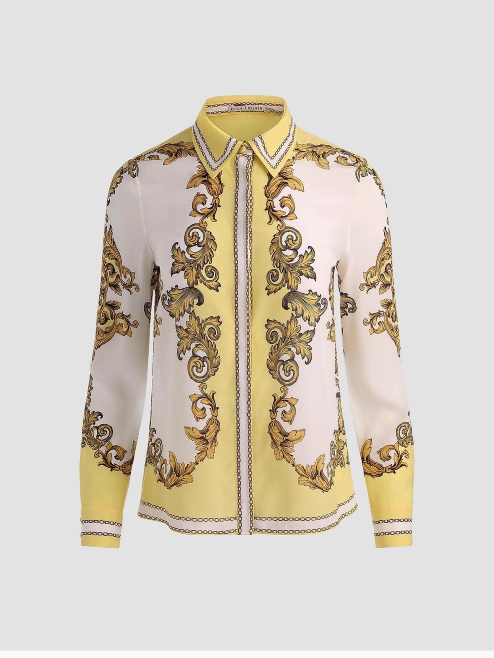 Alice and Olivia Baroque Print Long-Sleeve Shirt in Yellow and White